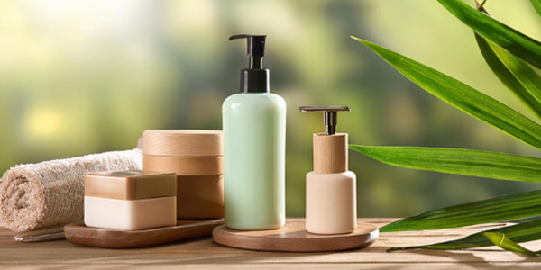 Mehrere Behälter für Pflegeprodukte stehen auf Holzunterlagen neben einem zusammengerollten Handtuch und grünen Blättern vor unscharfem Hintergrund.